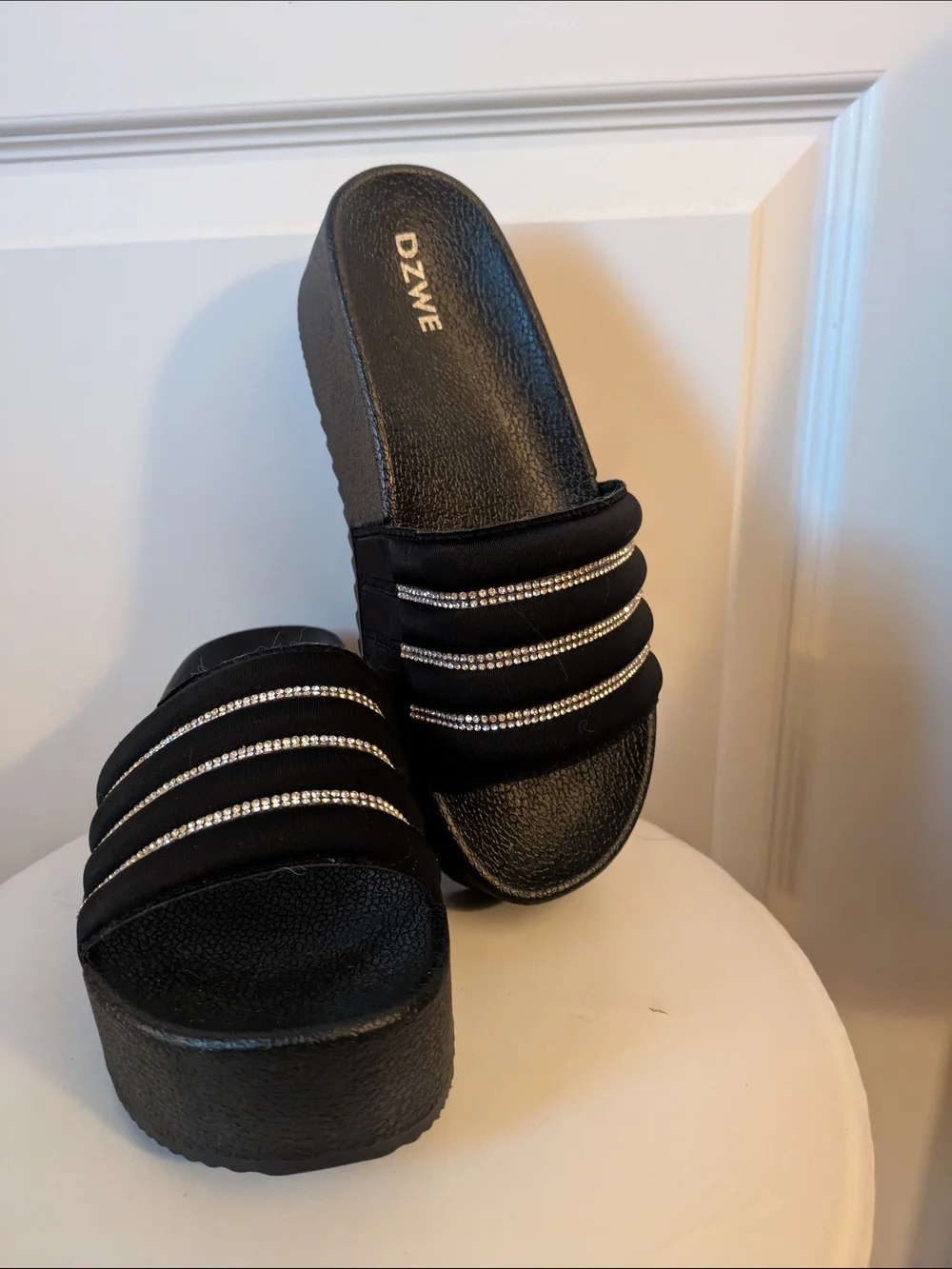 Like New Black Platform Slide Sandals with Rhinestone Straps